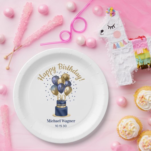60e verjaardag Navy Blue Balloon Cake Papieren Bordje (Feest)