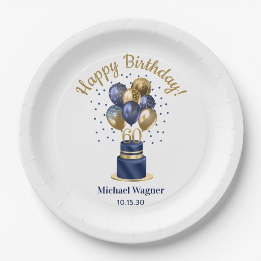60e verjaardag Navy Blue Balloon Cake Papieren Bordje (Voorkant)