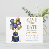 60e verjaardag Navy Blue Balloon Cake Save The Date (Staand voorkant)
