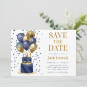60e verjaardag Navy Blue Balloon Cake Save The Date (Staand voorkant)