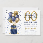 60e verjaardag Navy Blue Balloon Cake Save The Date (Voorkant)