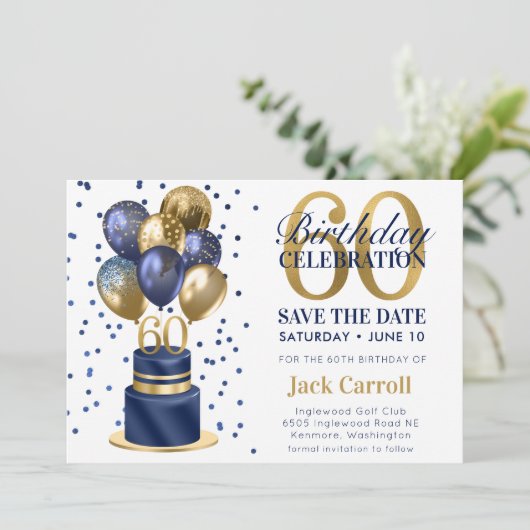 60e verjaardag Navy Blue Balloon Cake Save The Date (Staand voorkant)