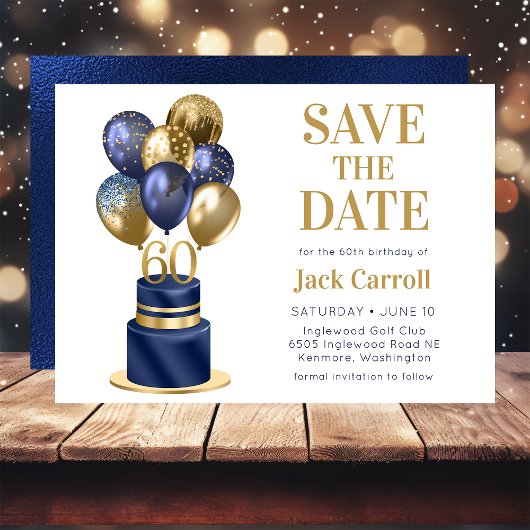 60e verjaardag Navy Blue Balloon Cake Save The Date