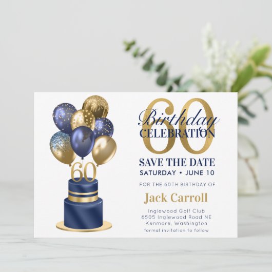 60e verjaardag Navy Blue Balloon Cake Save The Date (Staand voorkant)