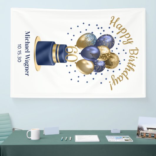 60e verjaardag Navy Blue Balloon Cake Spandoek (Beurs)