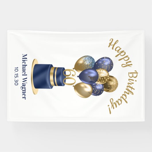 60e verjaardag Navy Blue Balloon Cake Spandoek (Horizontaal)