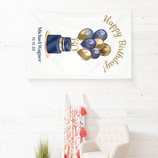 60e verjaardag Navy Blue Balloon Cake Spandoek (Insitu)