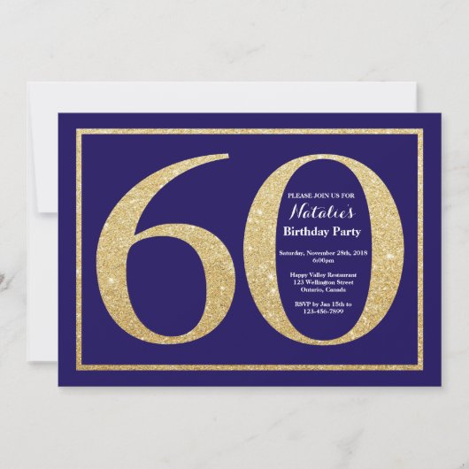 60e verjaardag Navy Blue en Gold Glitter Kaart (Voorkant)
