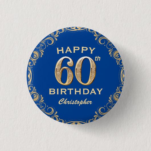 60e verjaardag Navy Blue en Gold Glitter Ronde Button 3,2 Cm (Voorkant)