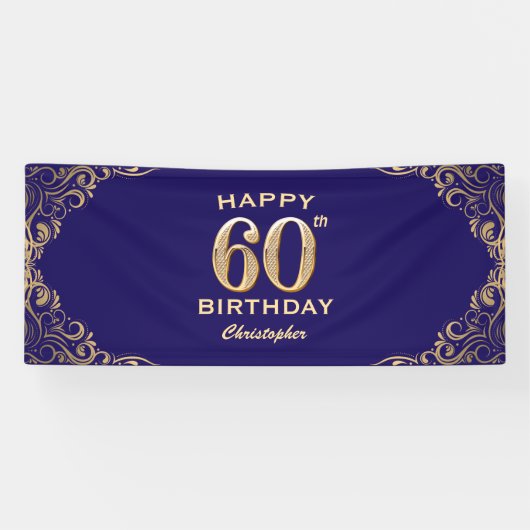 60e verjaardag Navy Blue en Gold Glitter Spandoek (Horizontaal)