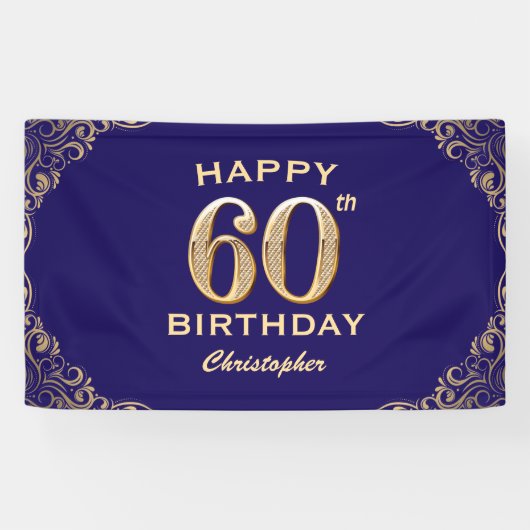 60e verjaardag Navy Blue en Gold Glitter Spandoek (Horizontaal)