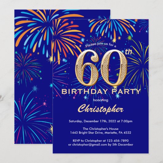 60e verjaardag Navy Blue en Gold Rainbow Fireworks Kaart (Voorkant / Achterkant)