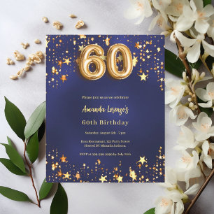 60e verjaardag Navy Blue Gold Stars Uitnodiging