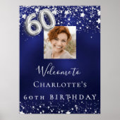 60e verjaardag Navy Blue Silver Stars Foto welkom Poster (Voorkant)