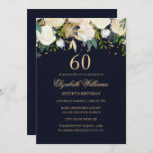 60e verjaardag Navy Gold Floral Invitation Kaart (Voorkant / Achterkant)