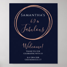 60e verjaardag Navy Roos Gold Party Welkom Poster