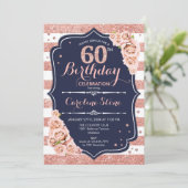 60e verjaardag - Navy Roos Goud en witte strepen Kaart (Staand voorkant)