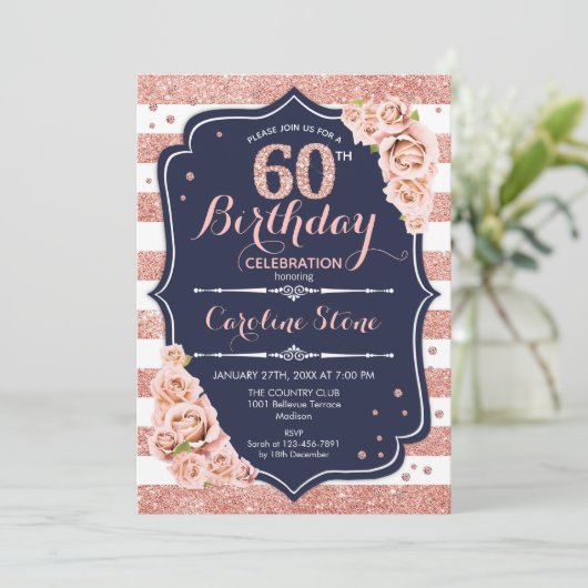 60e verjaardag - Navy Roos Goud en witte strepen Kaart (Staand voorkant)