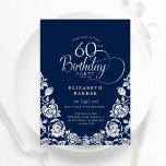 60e verjaardag Navy Silver Rozen Kaart<br><div class="desc">Navy zilveren elegante 60e verjaardagsfeestje uitnodiging. Klassiek ontwerp met rozen,  faux silver folie en typografie script lettertype. Trendy uitnodigingskaart ideaal voor een stijlvol vrouw bday-feest. Personaliseer met uw eigen gegevens. Kan worden aangepast aan elke leeftijd. Gedrukte Zazzle-uitnodigingen of direct downloadbare digitale afdrukbare sjabloon.</div>