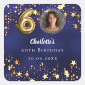60e verjaardag navyblauw gouden sterren foto vierkante sticker (Voorkant)