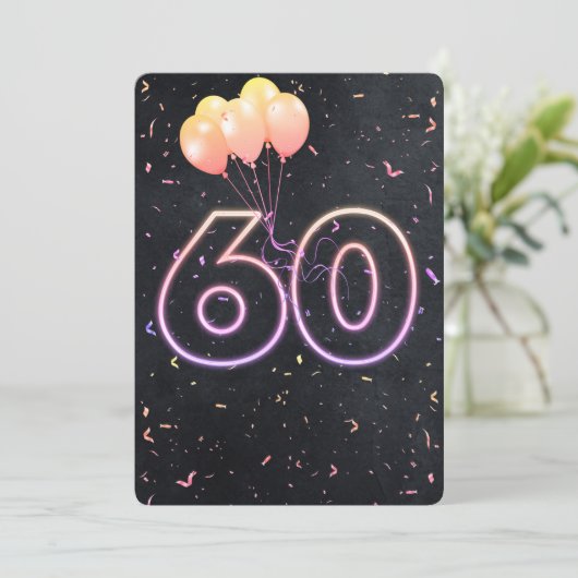 60e verjaardag Neon Sign On Black Invitation Kaart (Staand voorkant)