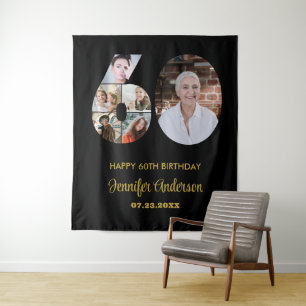 60e verjaardag nummer 60 fotocollage modern zwart wandkleed