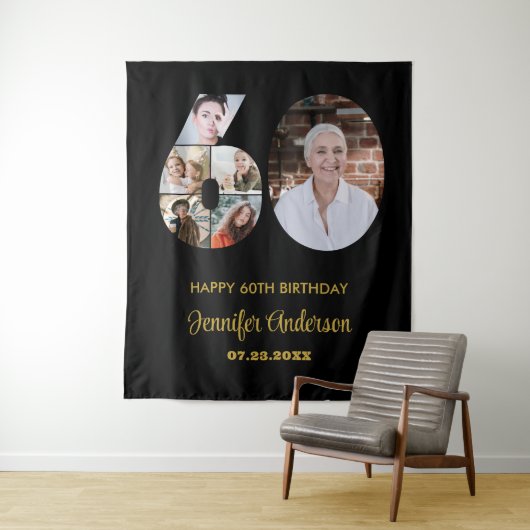 60e verjaardag nummer 60 fotocollage modern zwart wandkleed (In situ)