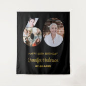 60e verjaardag nummer 60 fotocollage modern zwart wandkleed (Voorkant)