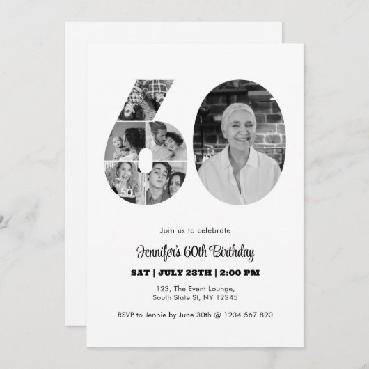 60e verjaardag nummer 60 fotocollage zwart wit kaart (Voorkant / Achterkant)