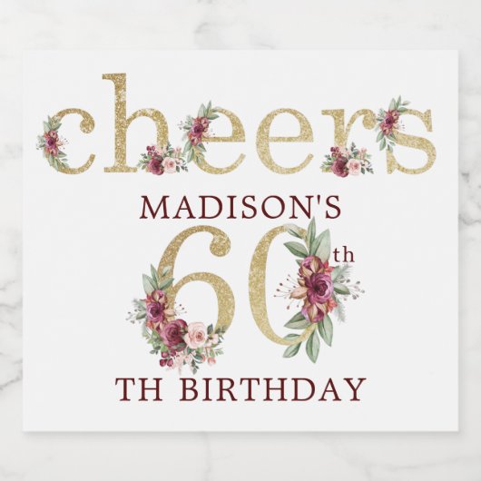 60e verjaardag op maat van gouden bloemen sparkling wijnetiket (Enkel label)