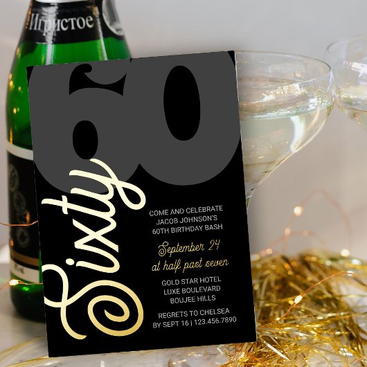 60e verjaardag Oversized Sixty Script Zwart Goud Folie Uitnodiging