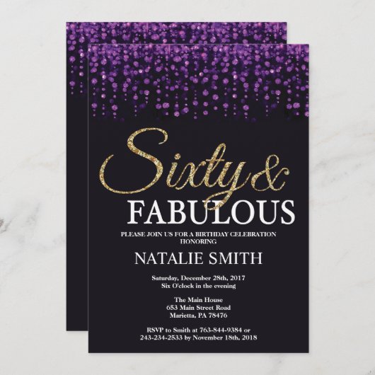 60e verjaardag Paars en goudglitter Kaart (Voorkant / Achterkant)