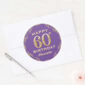 60e verjaardag Paars en goudglitter Lijst Ronde Sticker (Envelop)