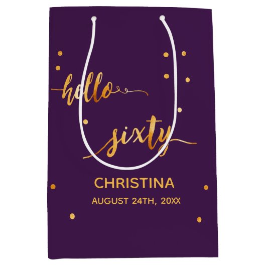 60e verjaardag paars goud hallo 60 medium cadeauzakje (Voorkant)