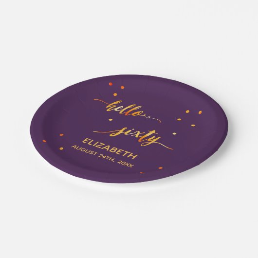 60e verjaardag paars goudtypografie script papieren bordje (Gekanteld)