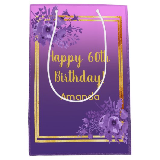 60e verjaardag paars roze goudflmonogram medium cadeauzakje (Voorkant)