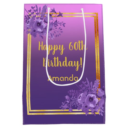60e verjaardag paars roze goudflmonogram medium cadeauzakje (Achterkant)