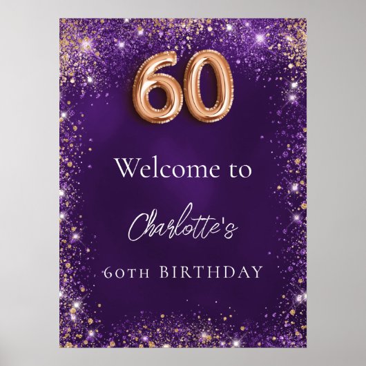 60e verjaardag paarse glitter schittert welkom poster (Voorkant)