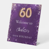 60e verjaardag paarse glitter schittert welkom reclamebord met voetstuk (Voorkant)