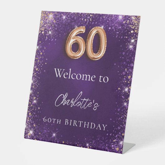 60e verjaardag paarse glitter schittert welkom reclamebord met voetstuk (Voorkant)
