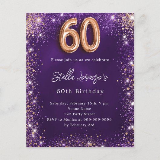 60e Verjaardag paarse roos gouden uitnodiging (Voorkant)