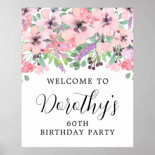 60e verjaardag Paarse roze bloem Welkomstteken Poster (Voorkant)
