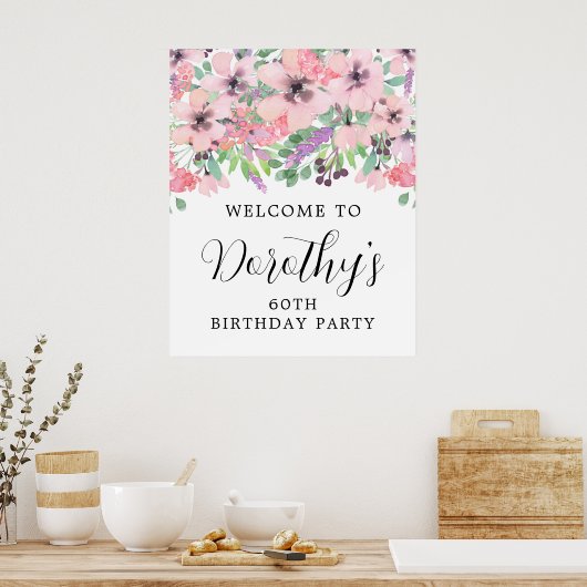 60e verjaardag Paarse roze bloem Welkomstteken Poster (Keuken)