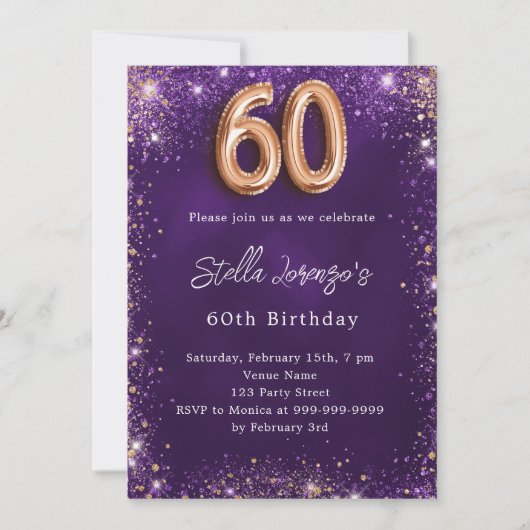 60e Verjaardag paarse rozen gouden fonkelingen Kaart (Voorkant)