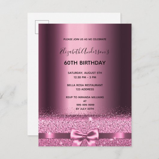 60e verjaardag paarse uitnodiging om glitter glitt (Voorkant / Achterkant)