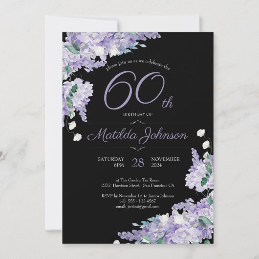 60e Verjaardag Paarse Waterverf Bloemen Zwart Chic Kaart (Voorkant)