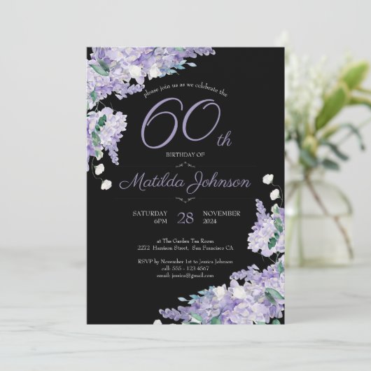 60e Verjaardag Paarse Waterverf Bloemen Zwart Chic Kaart (Staand voorkant)