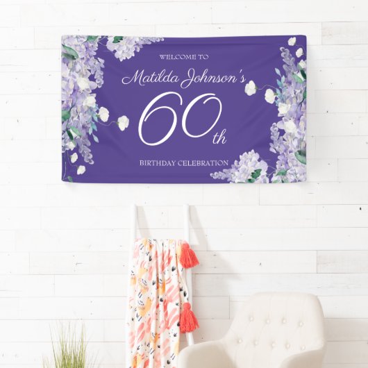 60e verjaardag Paarse Wisteria Floral Elegant Part Spandoek (Insitu)