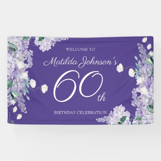 60e verjaardag Paarse Wisteria Floral Elegant Part Spandoek (Horizontaal)