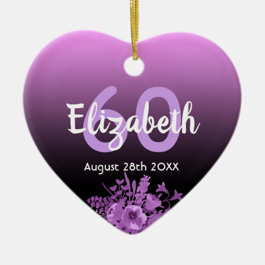 60e verjaardag paarse zwarte florale naam keramisch ornament (Voorkant)